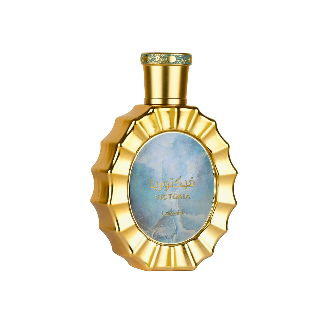 Victoria Lattafa perfume bottle front side image light blue and gold colour