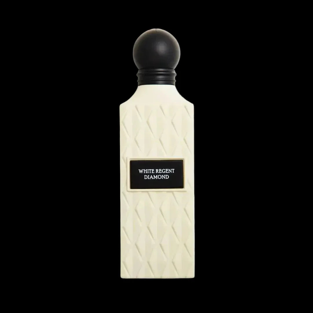 Elegant White Regent Diamond perfume bottle with textured design on black background