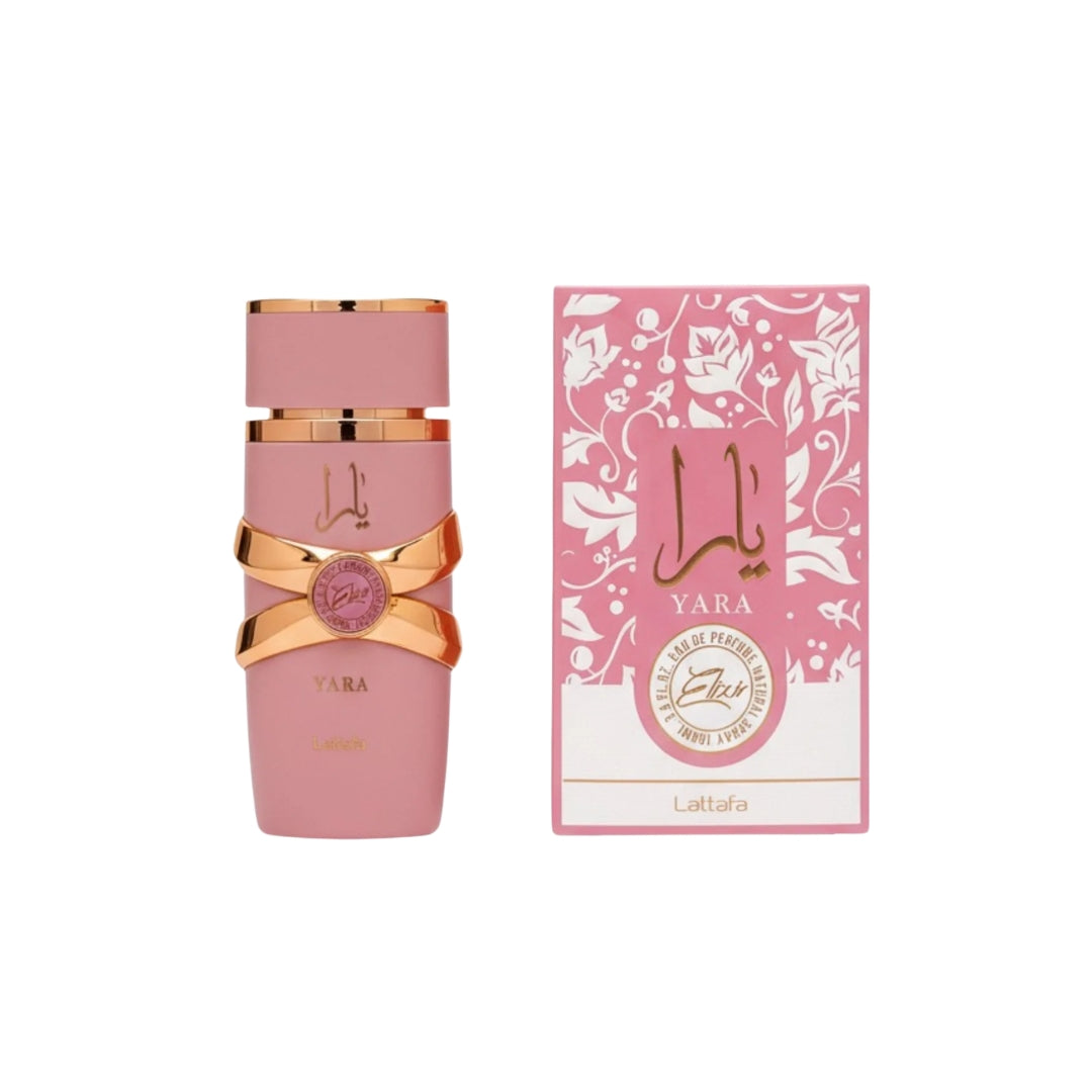 Yara Elixir perfume bottle alongside box packaging
