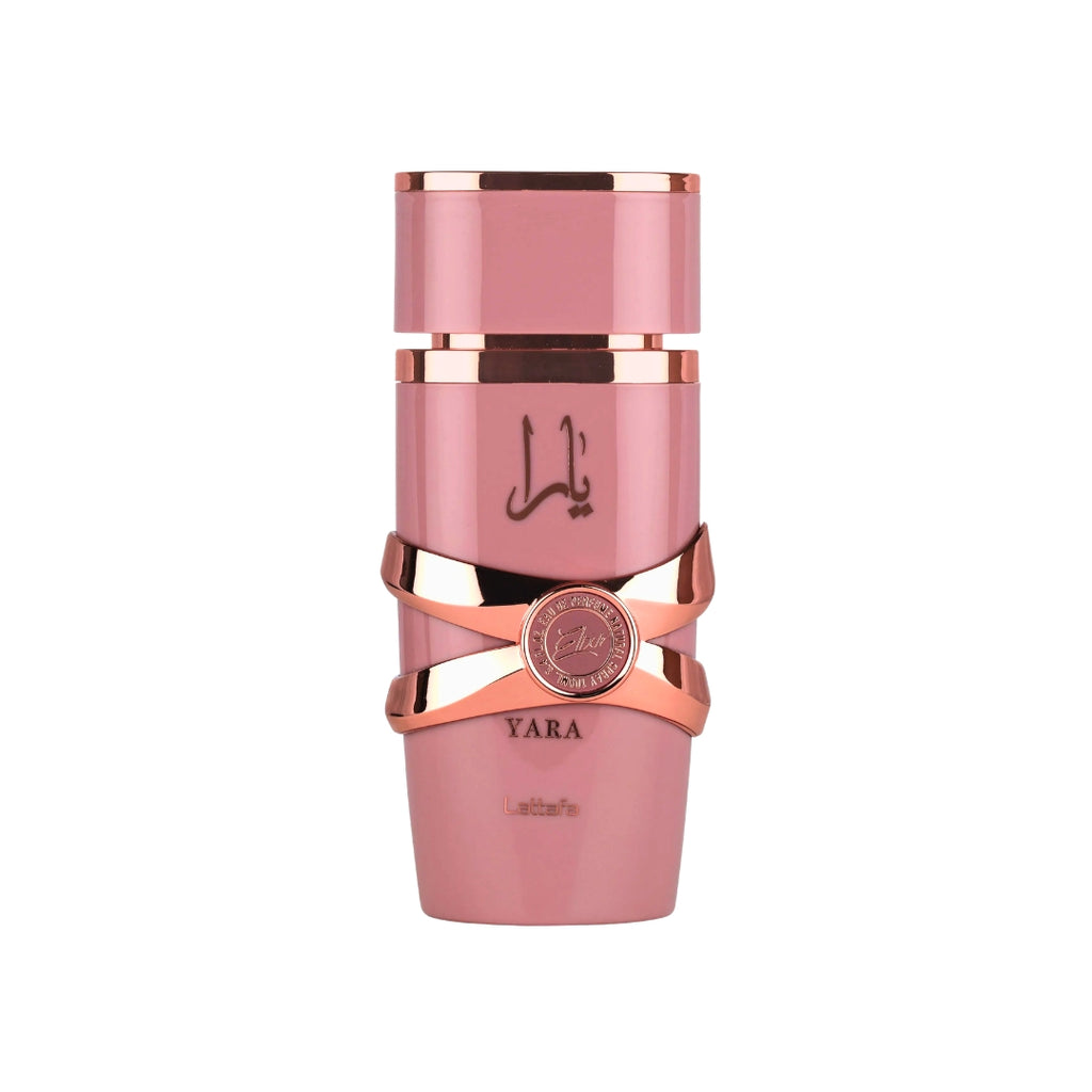 Pink and rose gold perfume bottle with 'Yara elixir' branding on a white background