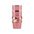Pink and rose gold perfume bottle with 'Yara elixir' branding on a white background