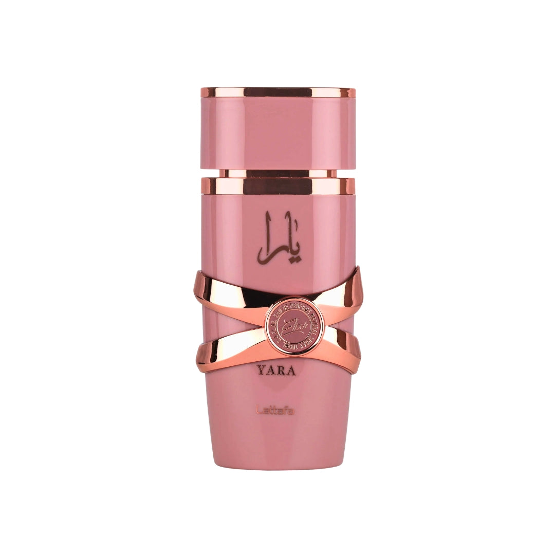 Pink and rose gold perfume bottle with 'Yara elixir' branding on a white background