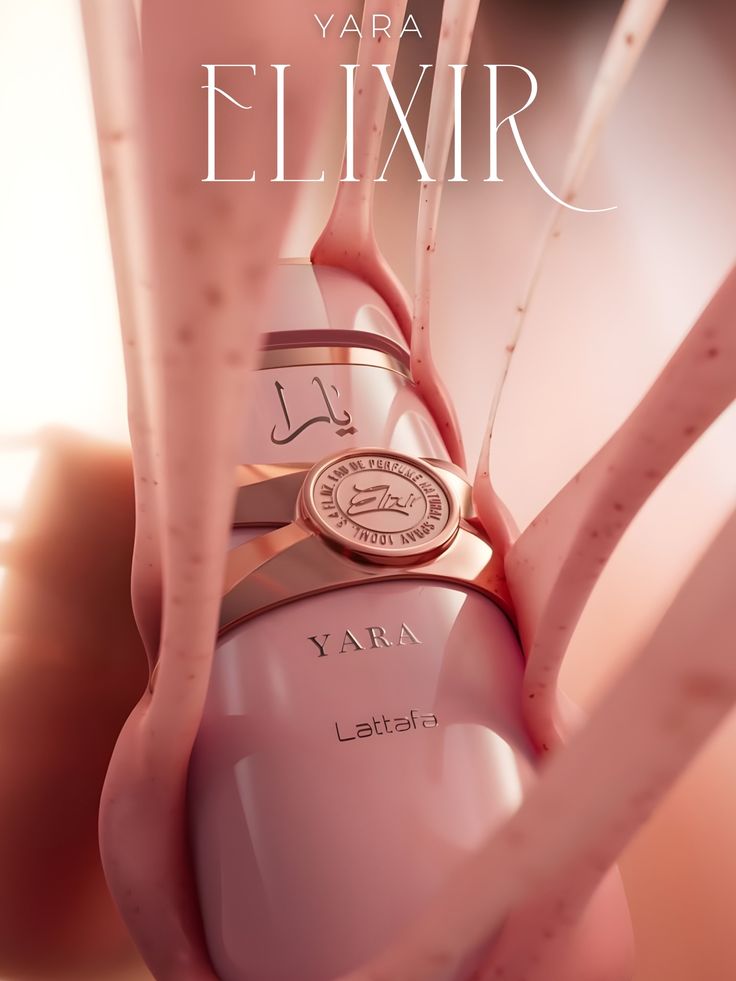Pink Yara Elixir perfume bottle with a blurred background