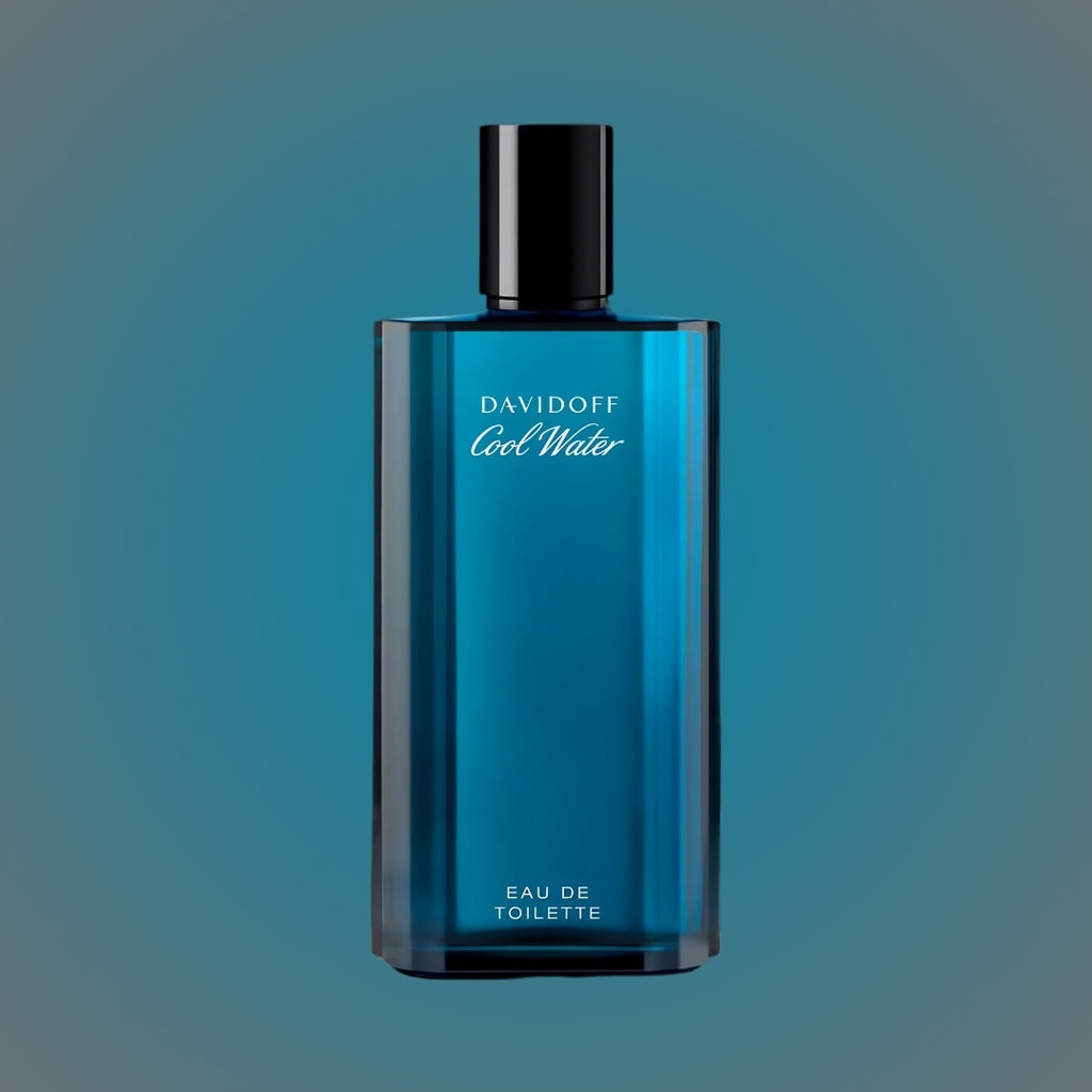 Davidoff Cool Water eau de toilette bottle on a gradient blue background