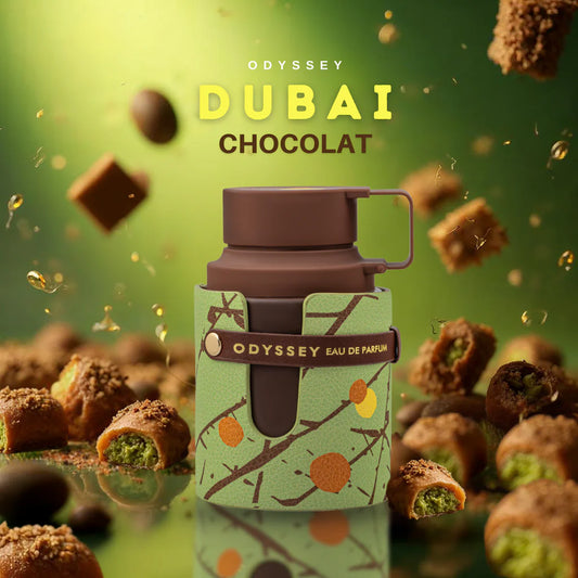 Odyssey Dubai Chocolate Perfume bottle featuring luxurious chocolate scent standing against the pistachios and chocolate
