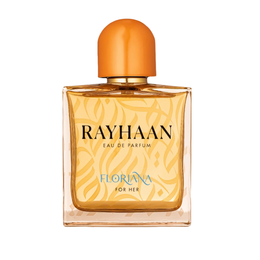 Floriana perfume by Rayhaan – elegant floral bottle with soft pink and gold accents, surrounded by orange blossoms and jasmine flowers, representing a romantic gourmand fragrance available at Parfum Zone Ke