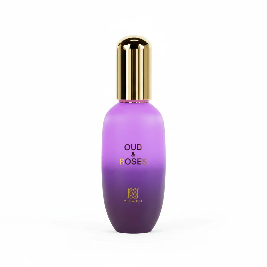 Purple Ombre Oud & Roses perfume bottle with gold cap on white background