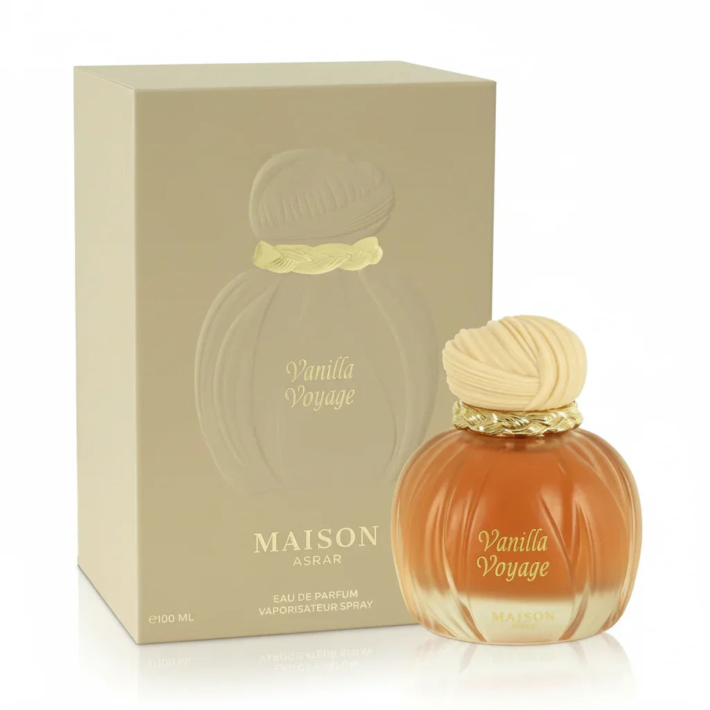 Maison Asrar Vanilla Voyage perfume bottle and box, luxury vanilla fragrance