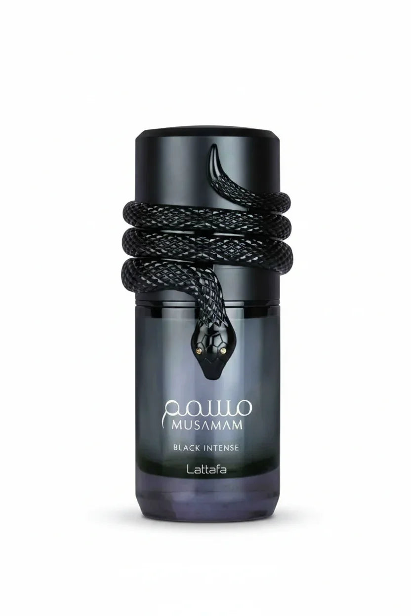 Musamam Black Intense by Lattafa - bottle with snake detail