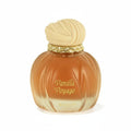 Vanilla Voyage luxury perfume bottle with gold accents and sculpted beige cap on white background