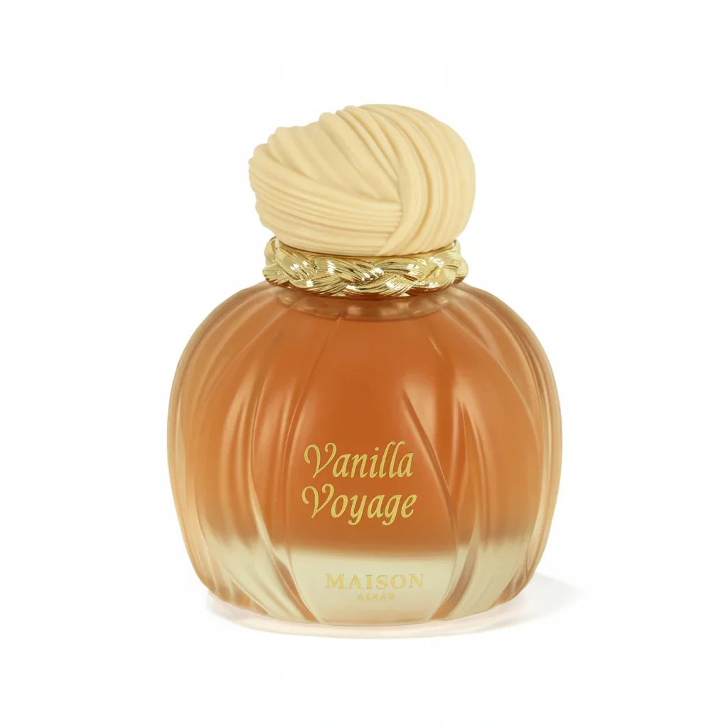 Vanilla Voyage luxury perfume bottle with gold accents and sculpted beige cap on white background