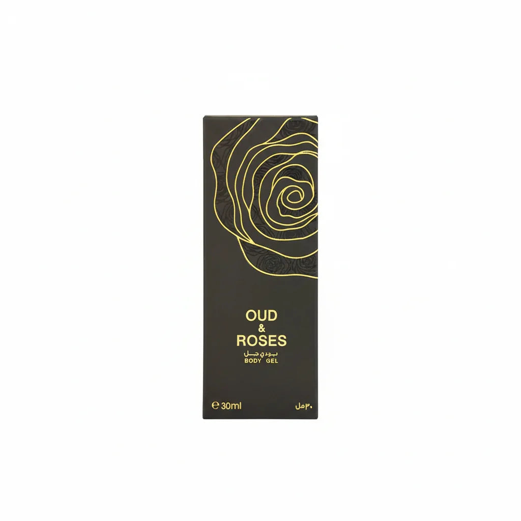 Oud & Roses body gel 30ml box with gold rose design on black packaging