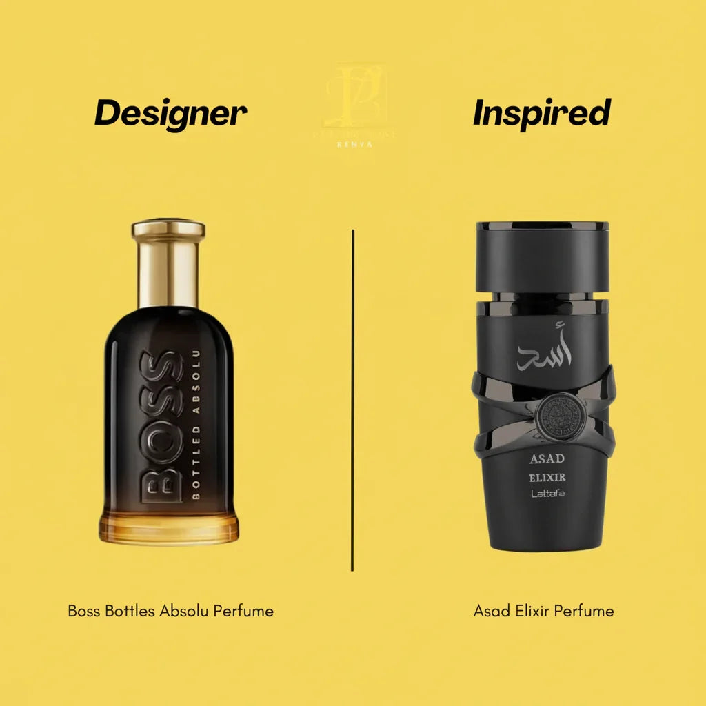 Boss Bottled Absolu perfume and Asad Elixir perfume bottles comparison on yellow background