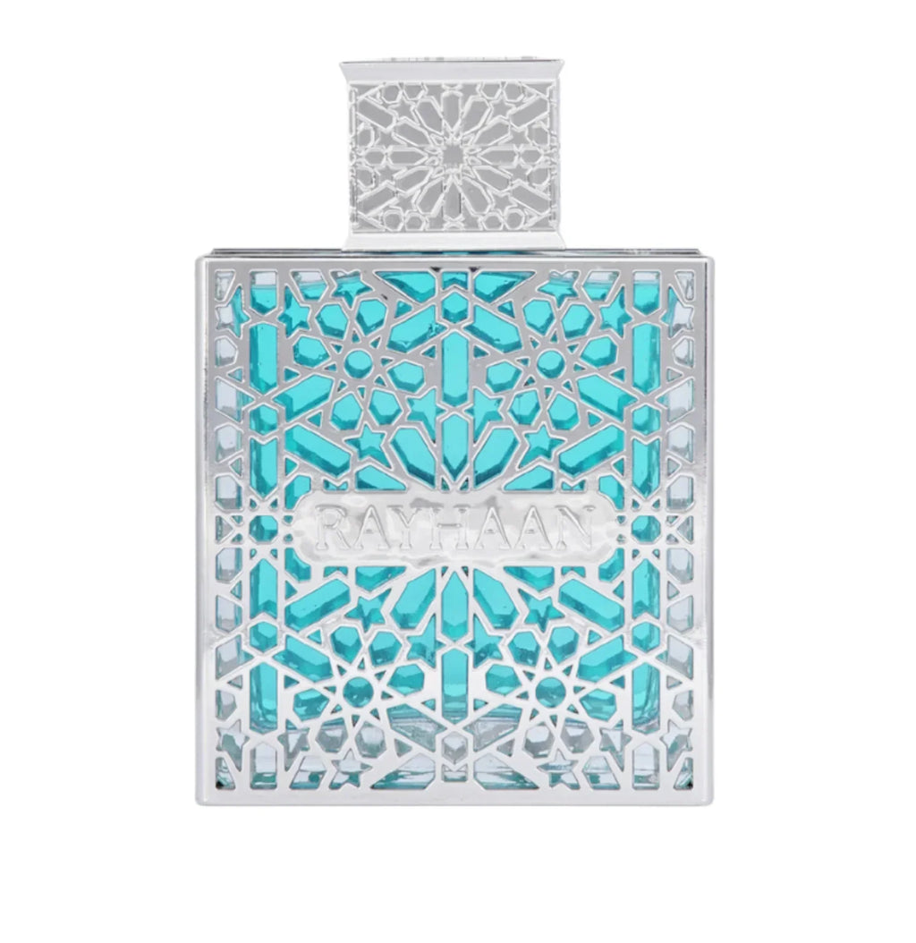 Elegant turquoise perfume bottle with intricate silver geometric pattern and 'Rayhaan' label