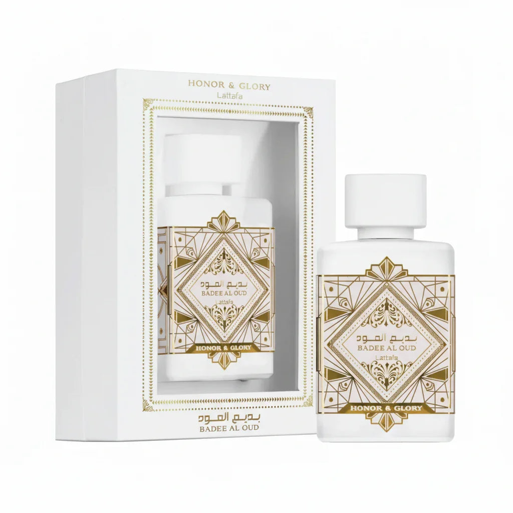 Luxury Badée Al Oud Honor & Glory perfume bottle and box with gold geometric design