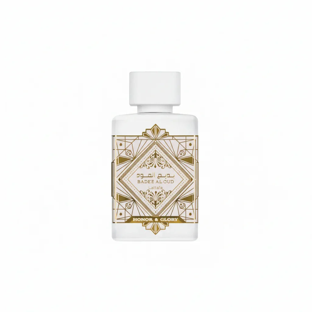 Lattafa Badee Al Oud Honor & Glory luxury perfume bottle with gold geometric design