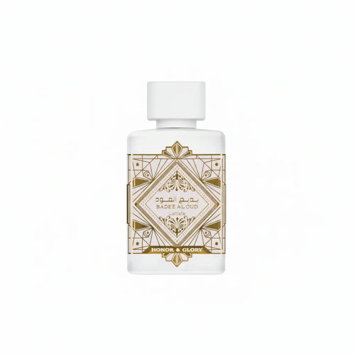 Lattafa Badee Al Oud Honor & Glory luxury perfume bottle with gold geometric design