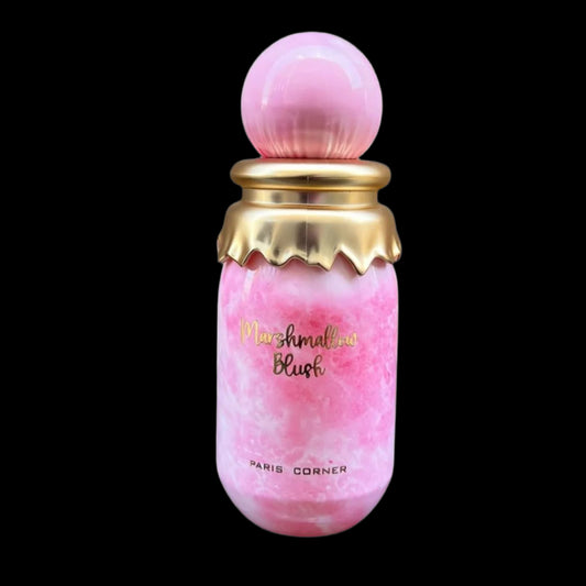 Pink and gold perfume bottle with 'Marshmallow Blush' text on a black background