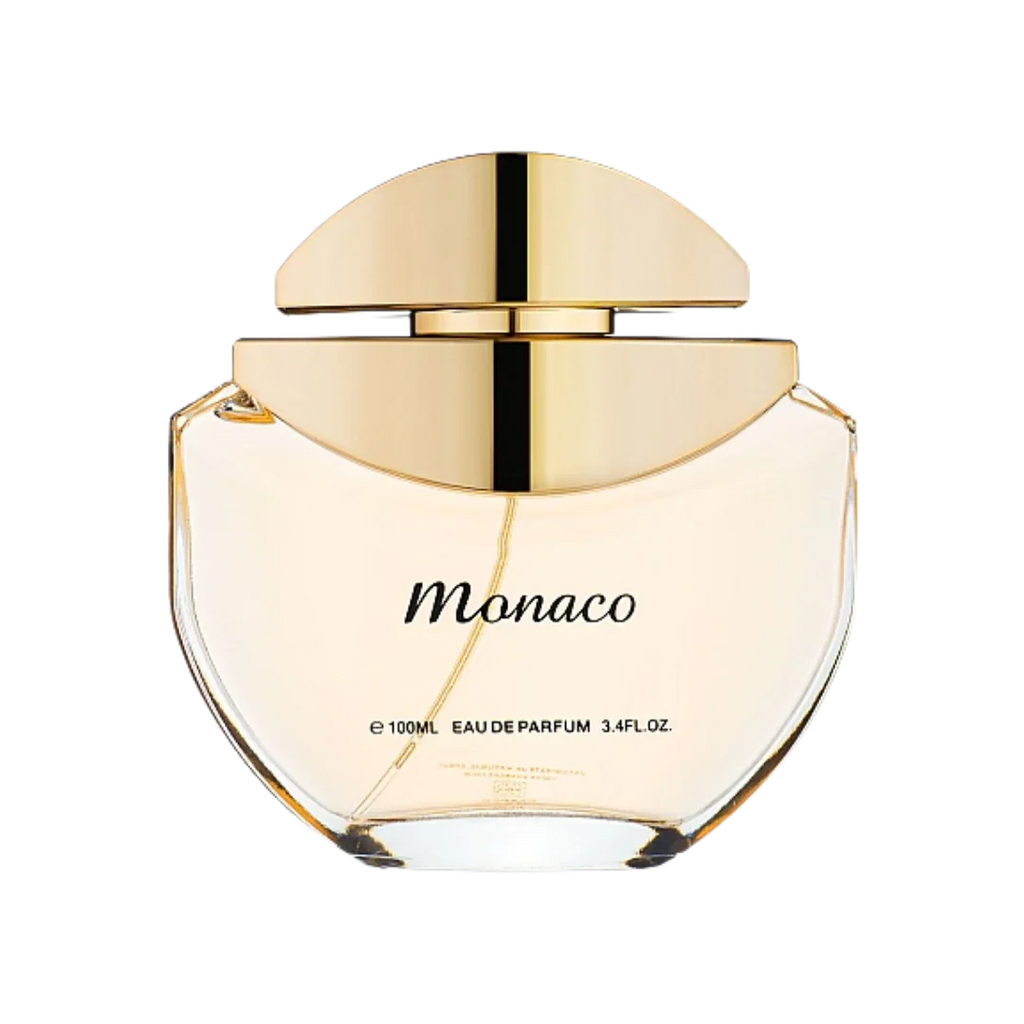 Monaco eau de parfum 100ml luxury perfume bottle with gold cap on a white background
