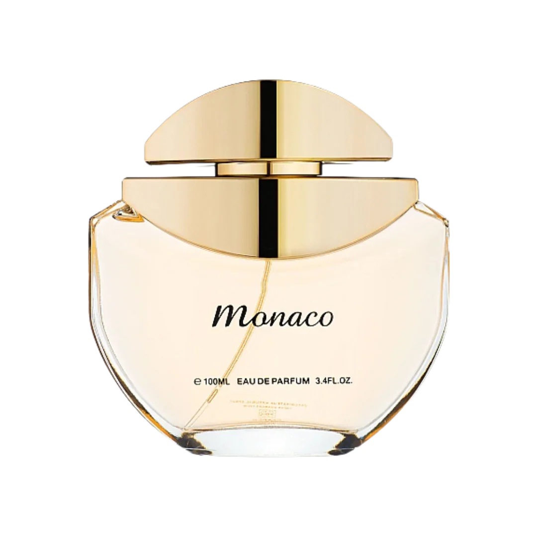 Monaco eau de parfum 100ml luxury perfume bottle with gold cap on a white background