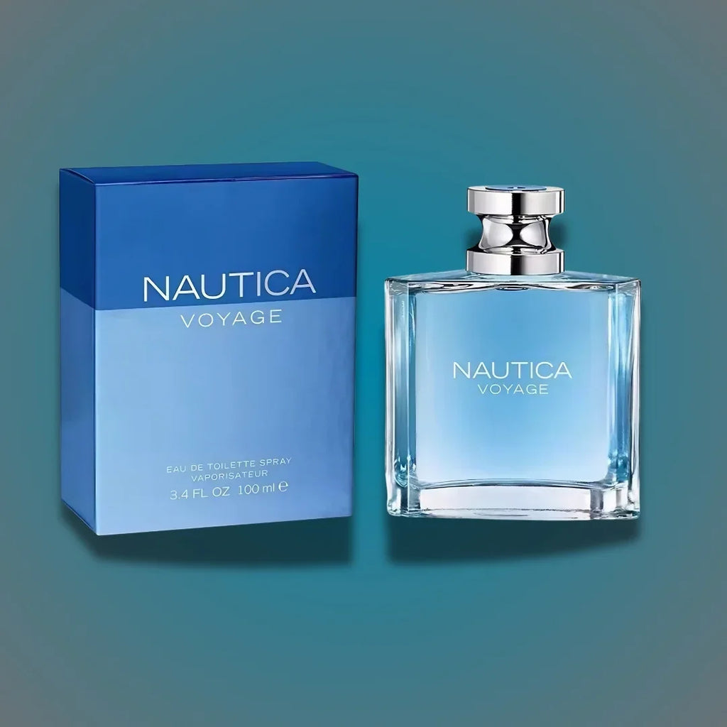Nautica Voyage perfume bottle and packaging on a gradient blue background