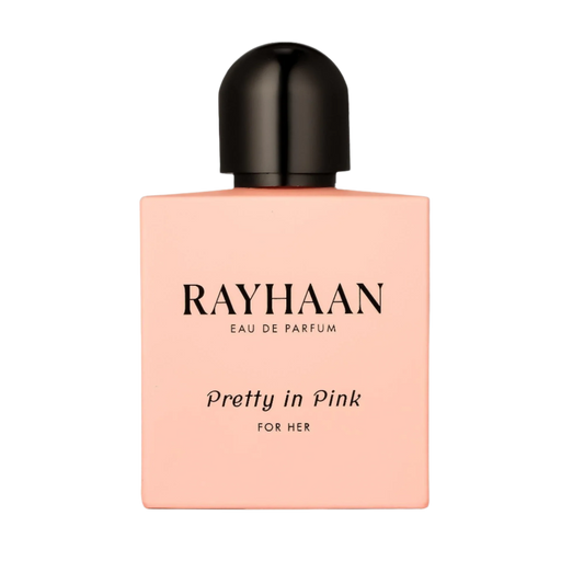 Elegant Pretty in Pink by Rayhaan Eau de Parfum bottle with rosy pink body and sleek black cap, showcased against a clean white background – a romantic floral gourmand inspired by Armani Si