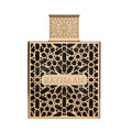 Elegant Rayhaan perfume bottle with gold geometric pattern and black background