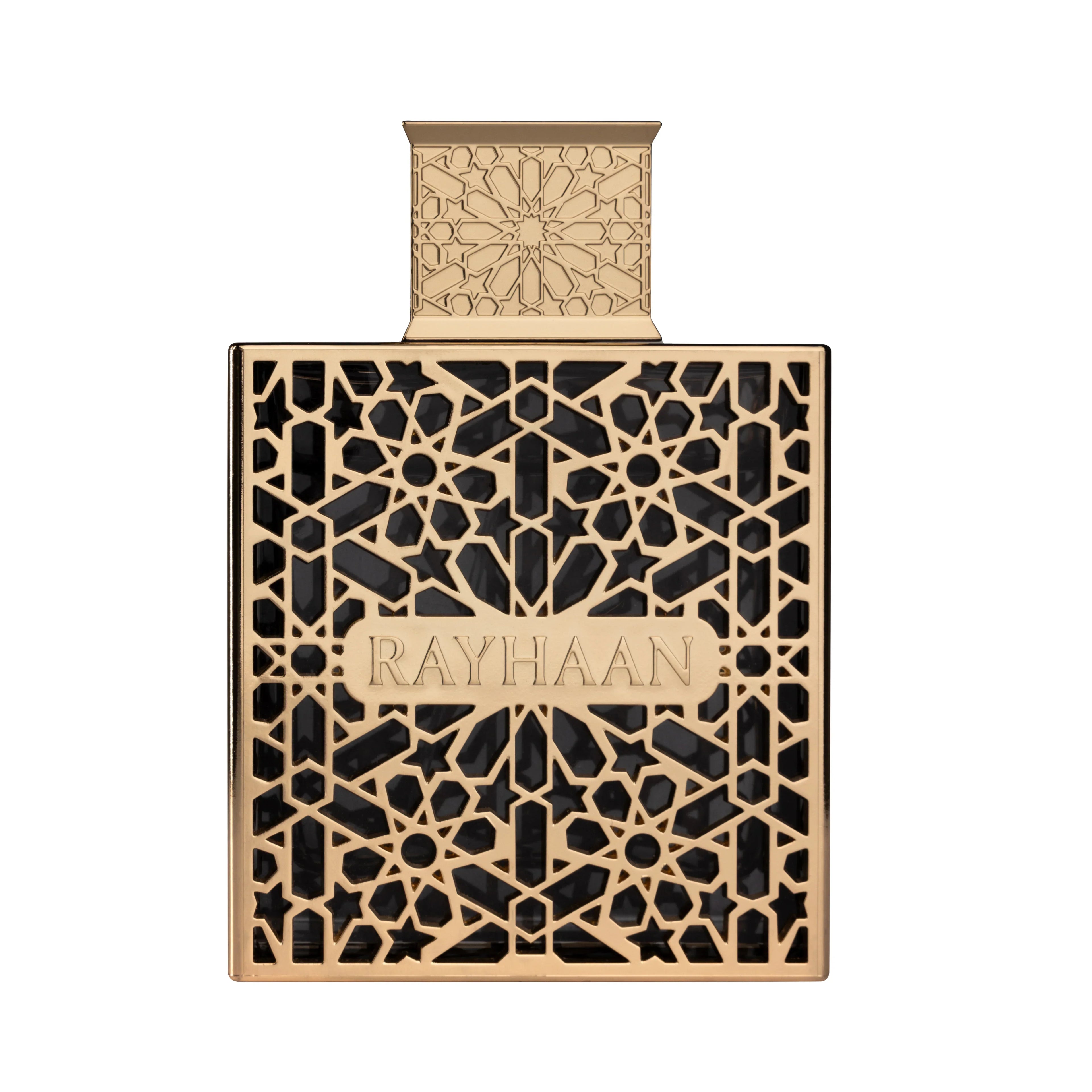 Elegant Rayhaan perfume bottle with gold geometric pattern and black background
